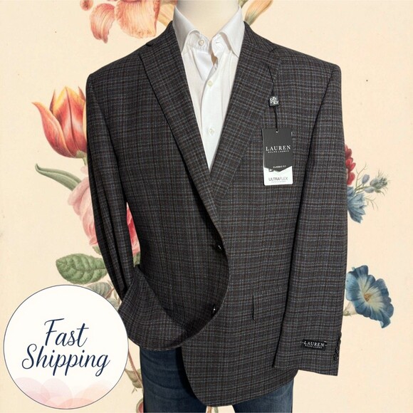 $ 375 RALPH LAUREN Mens Blazer Sport Coat Two Button Jacket 48R Gray/Brown Wool - Picture 1 of 12